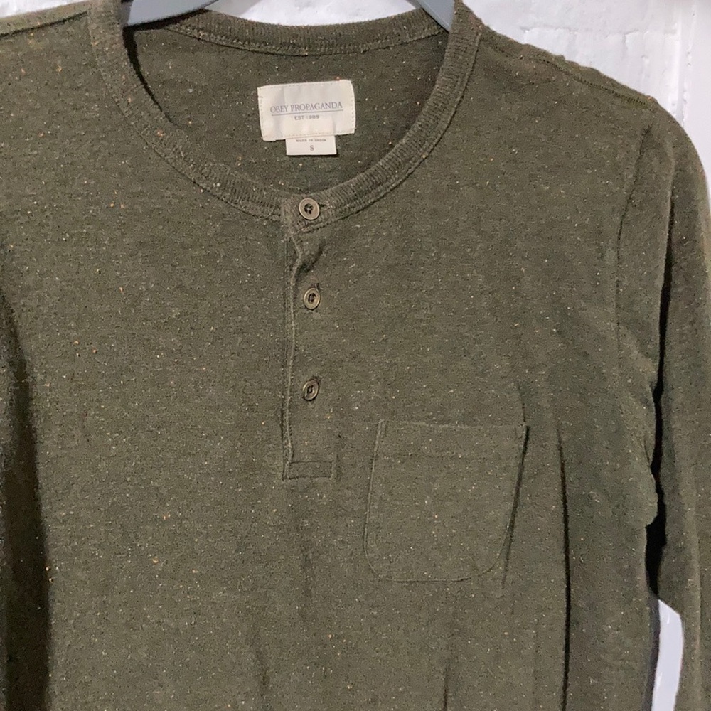 OBEY PROPAGANDA Long Sleeve Brown Henley Shirt | S